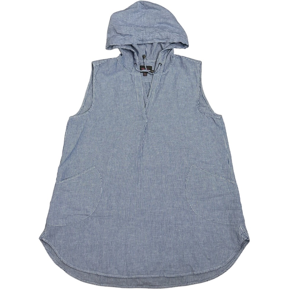 Forcynthia Beachwear Coverup Tunic XL Blue White Striped Linen Cotton Hooded